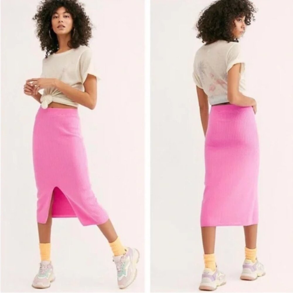 Free People Skyline Ribbed Knit Midi Skirt Pink S